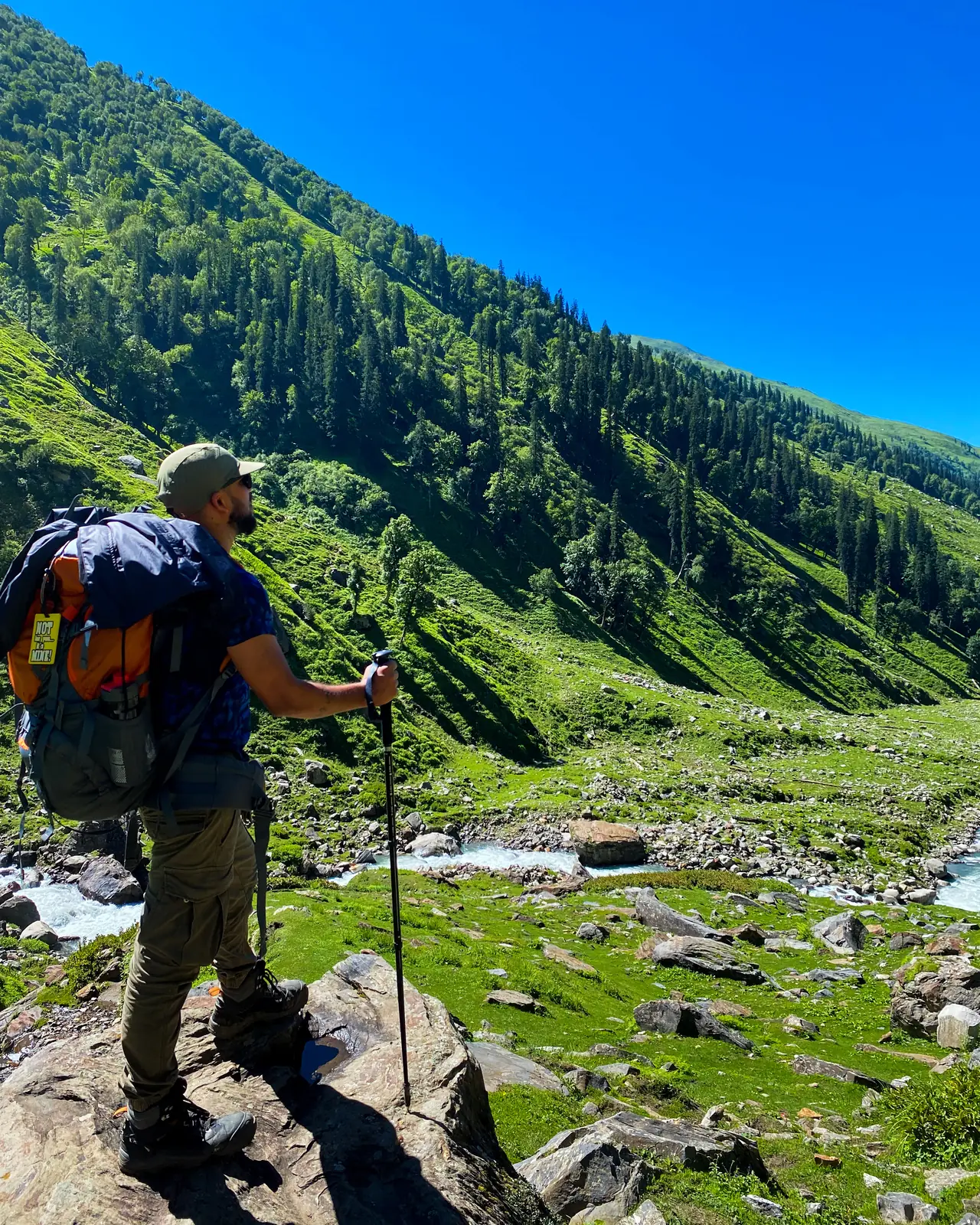 Trekking with a backpack and trekking pole, looking up a green mountain valley above a glacial river